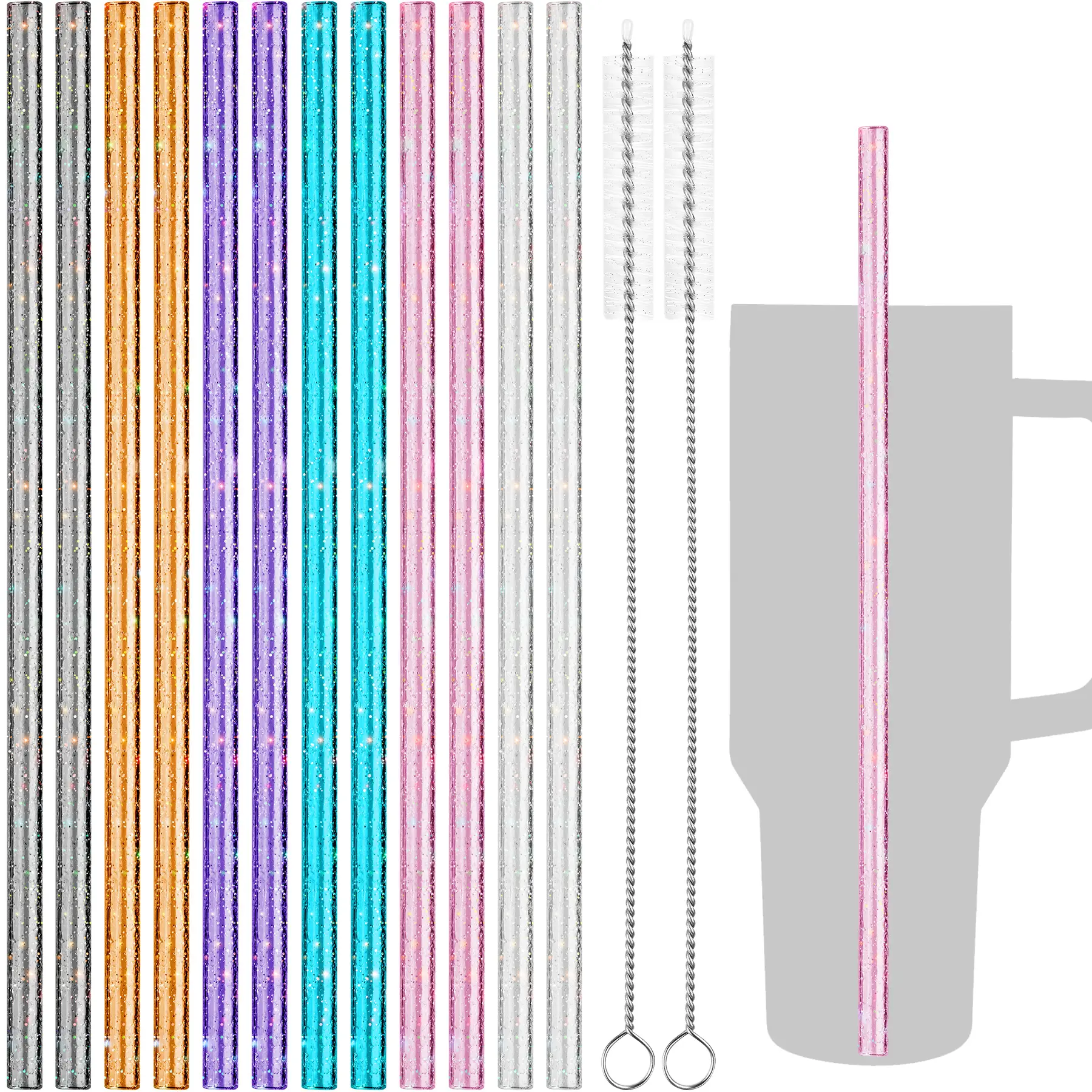 NiHome 40oz Straws, 12 Pack Glitter Plastic Replacement Straws Fit for 40 oz Tumbler, 0.32’’ Diameter Reusable Straws 12’’ Long with 2 Brushes - Durable PETG, BPA-Free, w/Laser-Induced Sparkle Utensils