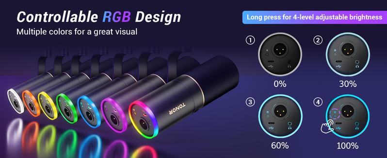TONOR TD520S XLR/USB Gaming Mic with RGB Light, Mute Button, Headphones Jack, Metal Design for PC, Mac, Android, PS4/5
