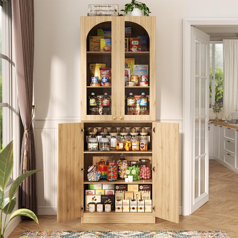 80" Tall Wood Kitchen Pantry Storage Cabinet, Freestanding 6-Tiers Buffet Cabinets with 4 Doors & Adjustable Shelves for Dining Room, Living Room