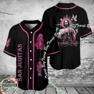 Camisas De San Judas Tadeo Pink Baseball Jersey – Mexican Catholic Saint Religious Button Up Shirt, Faith Fan Jersey