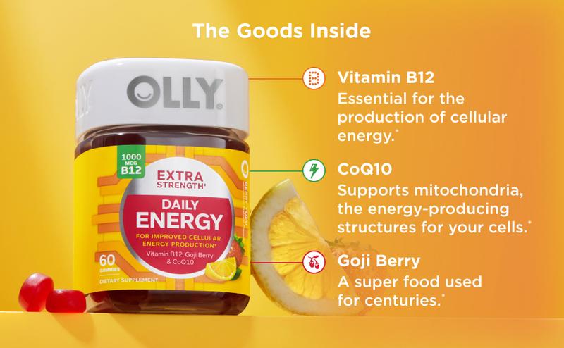 OLLY Extra Strength Daily Energy Gummy, Caffeine Free, 1000mcg Vitamin B12, CoQ10, Goji Berry, Adult Chewable Supplement, Berry Yuzu Flavor - 60 Gummies