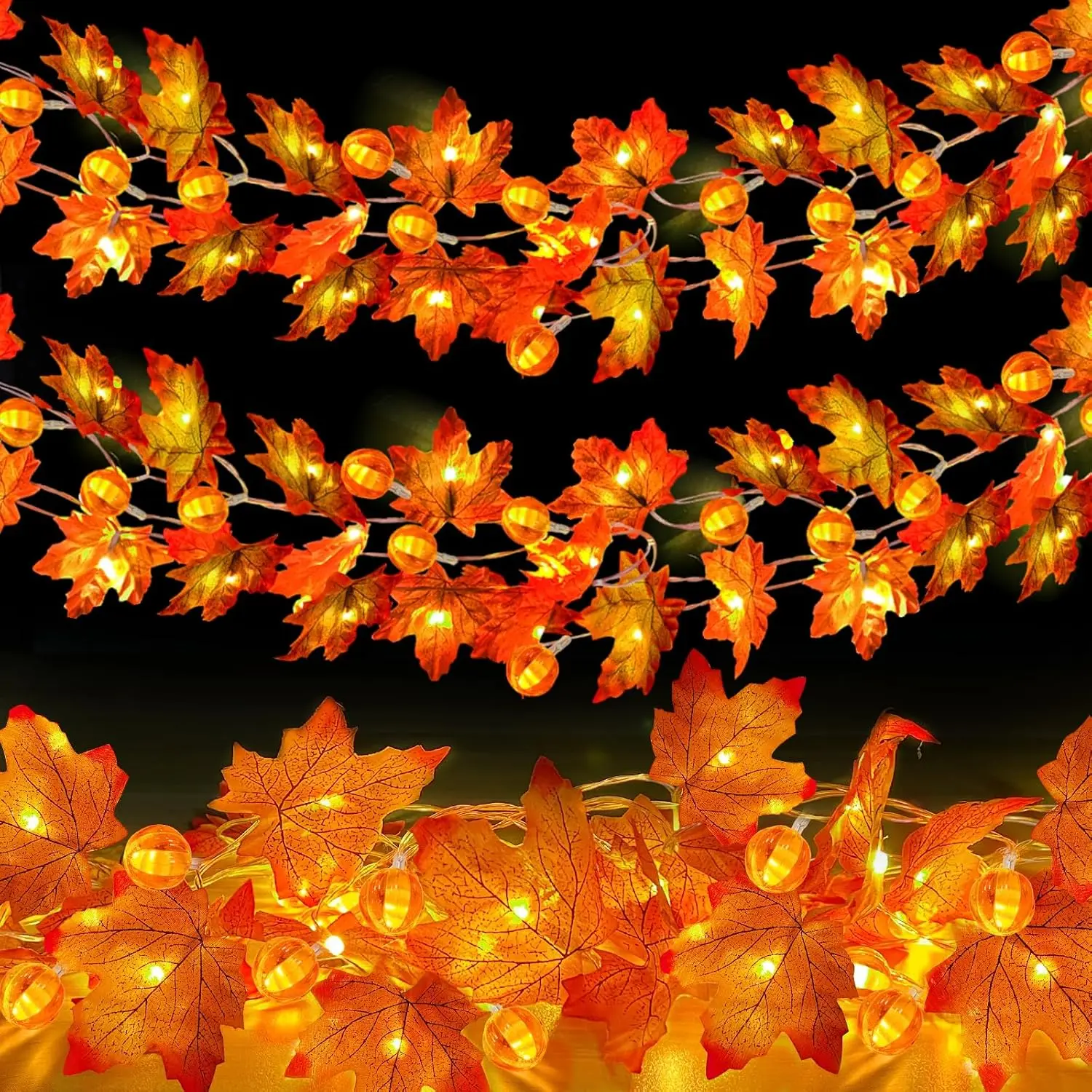 2 Pack Fall Garland with Pumpkin Lights Fall Decorations for Home Total 60LED 20Ft Enlarged Maples Leaves Fall Lights Battery Operated Halloween Thanksgiving Christmas Decor Wedding Party Mantel Table