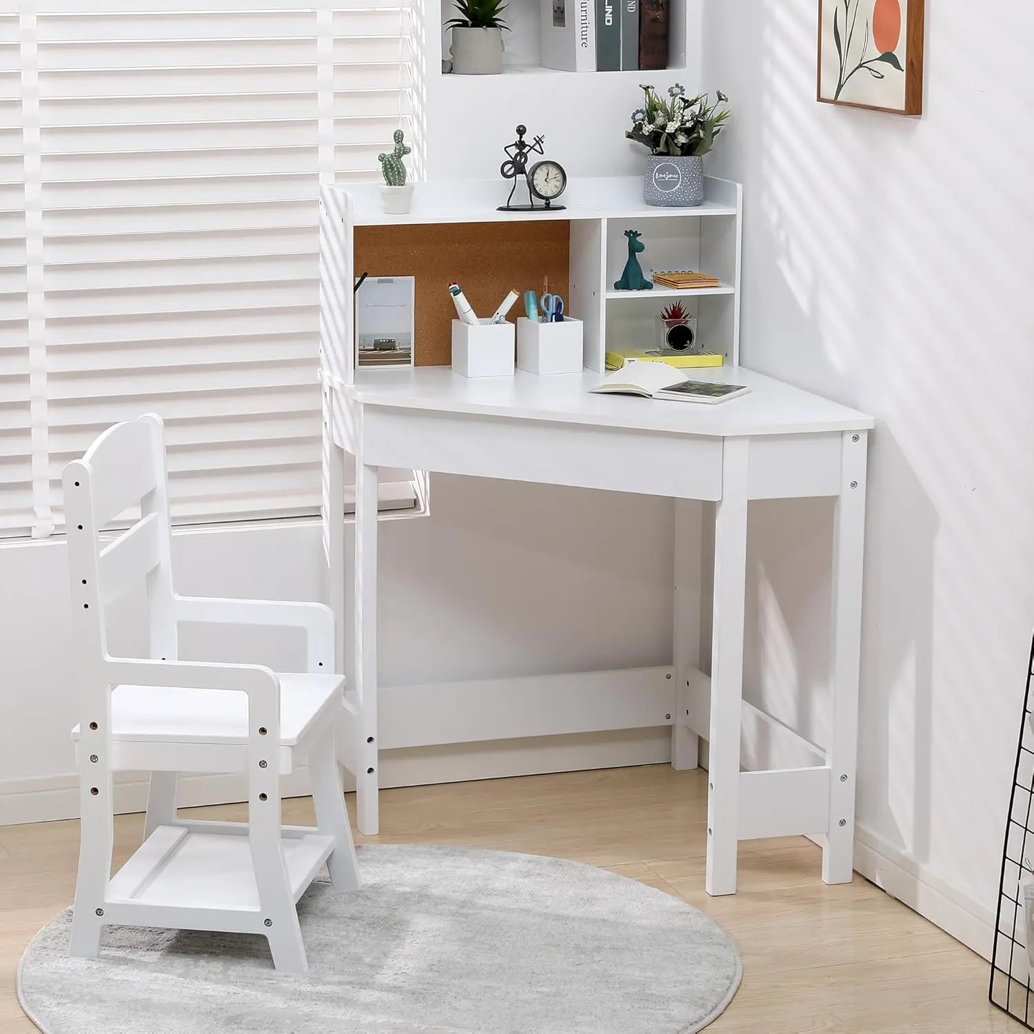GAOMON Kids Desk and Chair Set, Wooden Corner Study Table with Bookshelf, Bulletin Board, and Pen Holder, Writing Table for Boys and Girls, White,sohochic