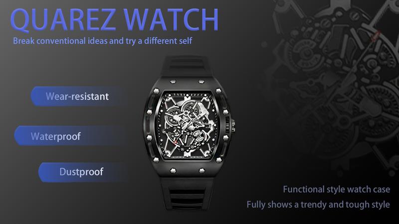 Men's Barrel-Shaped Skeleton Watch Black and Gold Tone Water Resistant 30M Quartz Analog Wristwatch with Silicone Strap for Daily & Outdoor Use Birthday Gift Idea