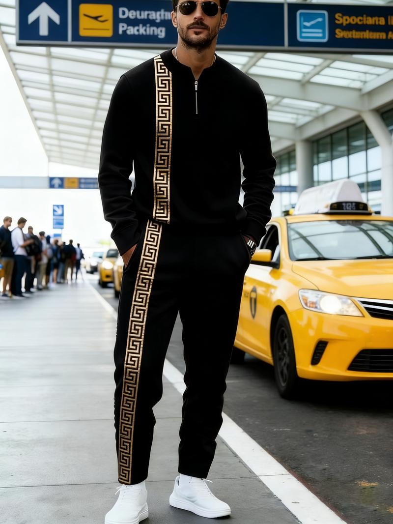 Casual Trendy Men's Half Zip Stand Collar Sweatshirt + Cuffed Joggers Sports Casual Two-Piece Set