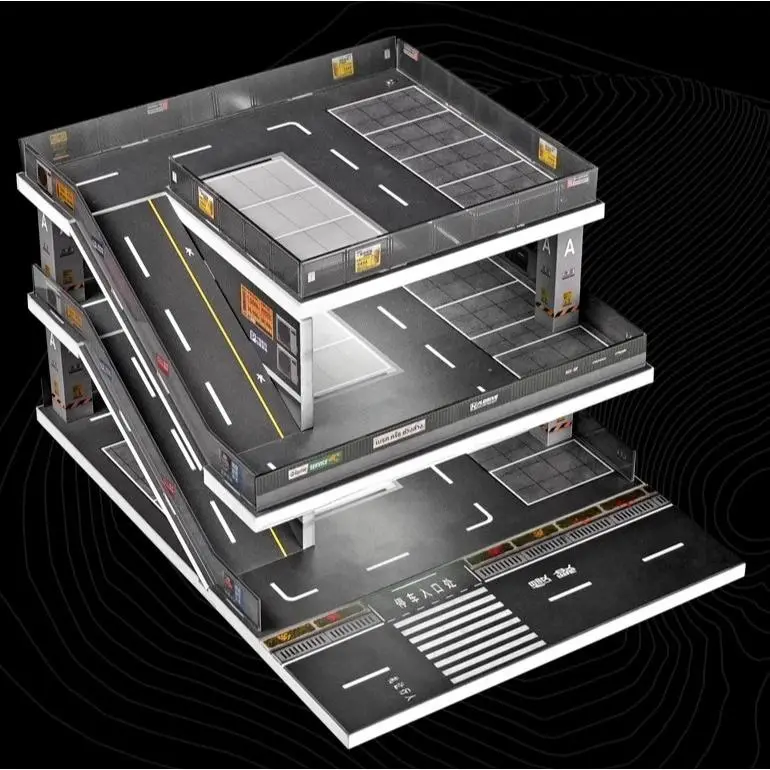 1/64 Scale LED Lighting Multi-Story Ramp Car Garage Model, Collectible Diecast Mini Car Display Motor Vehicles, City Parking Lot Scene Toy Gift for 1/64 Scale Motor Vehicles Enthusiasts, Collectible Model, Diecast Model Motor Vehicles