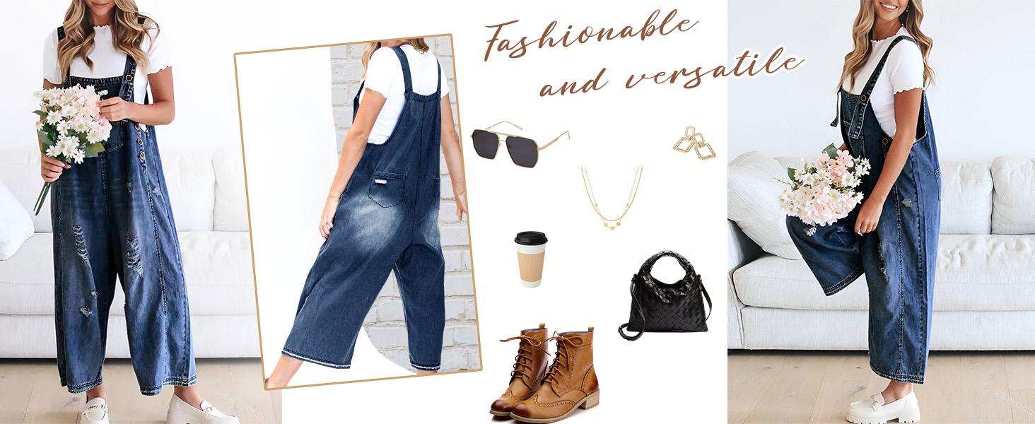 Ebossy Women Minimalist Blue Loose Strappy Adjustable Strap Denim Bib Overall Jeans Distressed Wide Leg Baggy Overalls Jumpsuit Womenswear Basic