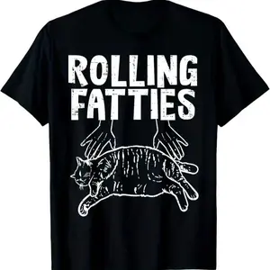 100% Cotton Rolling Fatties Cat Graphic T-Shirt, Cotton Crew Neck, Short Sleeve