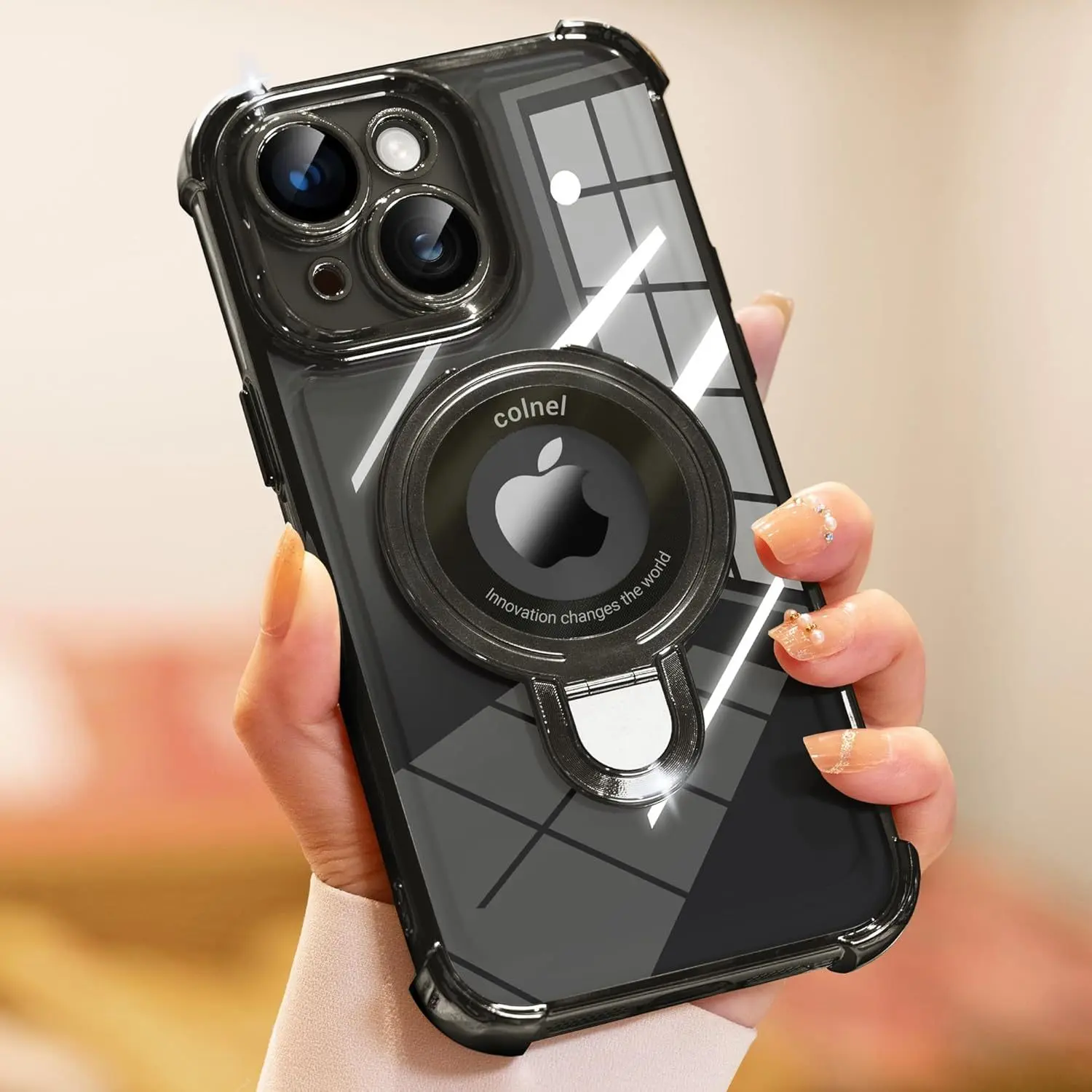 Kickstand Phone Cover Designed for Iphone Models 13, 14, 15, And 16 Pro Max Plus, Featuring Magnetic Wireless Charging Capabilities, a Lens Protector, And a Shockproof, Soft, Transparent Design That Is Resistant to Scratches.