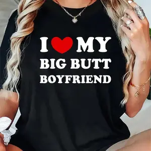 TeeBox Store "I Love My Boyfriend" Graphic T-Shirt Classic Heart Print Relationship Tee Soft Breathable Cotton All-Season Wear Cute Sarcastic Couples Humor Gift - Casual Top - Womenswear Essential