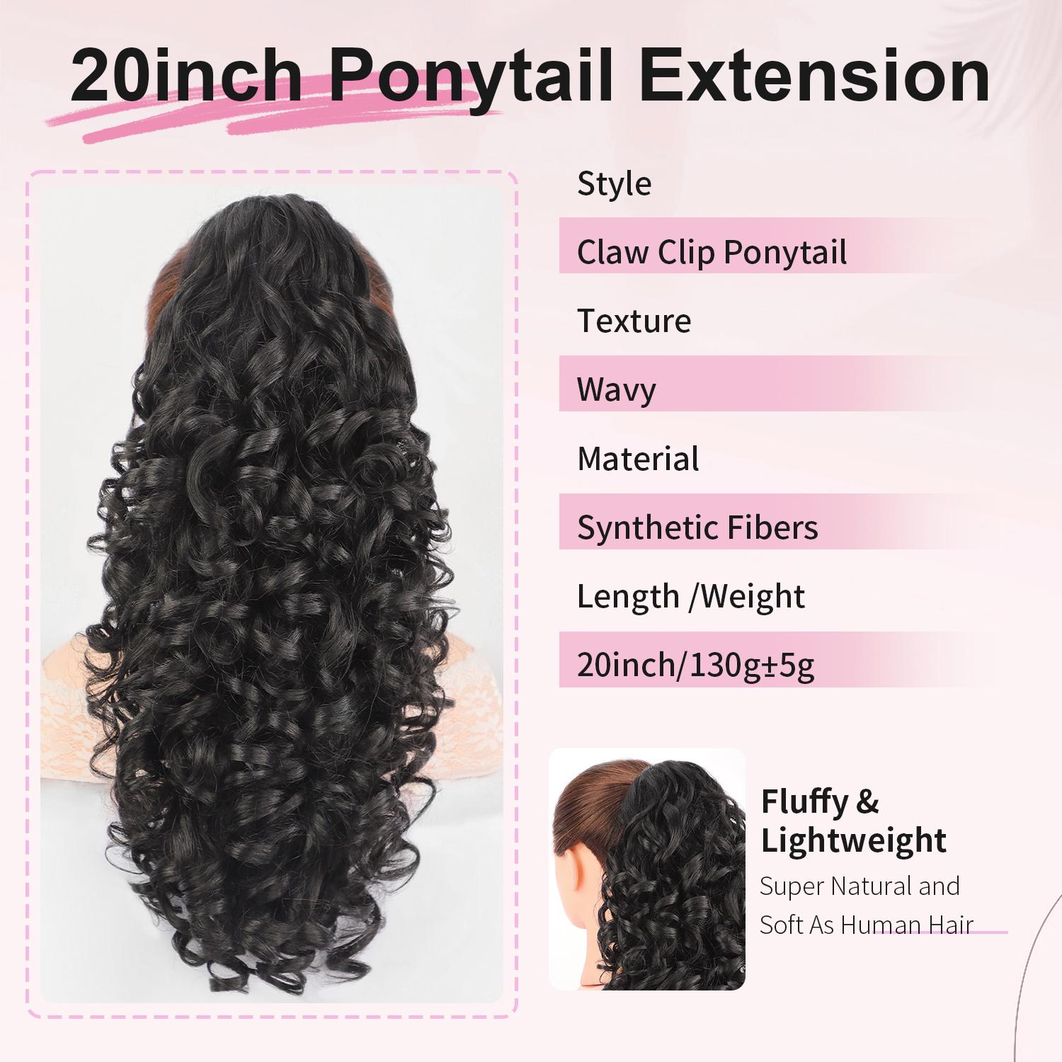Ponytail Extension Claw Clip Curly Ponytail Hair Extensions 20inch Long Wavy Ponytail Natural Soft Pony Tail Hairpiece for Women-Dark Brown