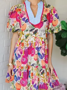 Rose Bright Floral Print Ricrac Trim Striped Patchwork V Neck Dress, Casual Summer Boho Tiered A-Line Mini Sundress with Puff Bubble Sleeves and Contrast Stripes Cotton Tunic Skirt for Women Vacations