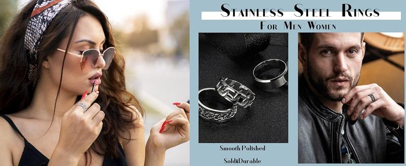 Jstyle Mens Rings 3count Rings for Men Women Stainless Steel Plain Band Ring Cuban Link Chain Rings Spinner Ring Men's Promise Wedding Rings Set,Size 6-14