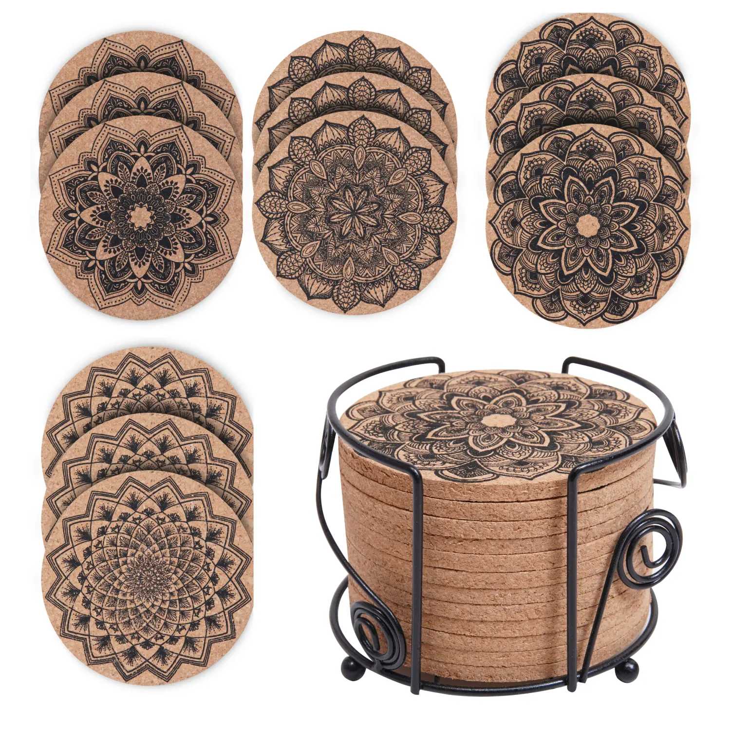 BPA-Free 12-Pack Modern Round Cup Coasters Set with Holder - 4 Unique Mandala Designs, Heat Resistant, Waterproof, Durable Kitchen Supplies, Office Use, Ideal Mother's Day Gift