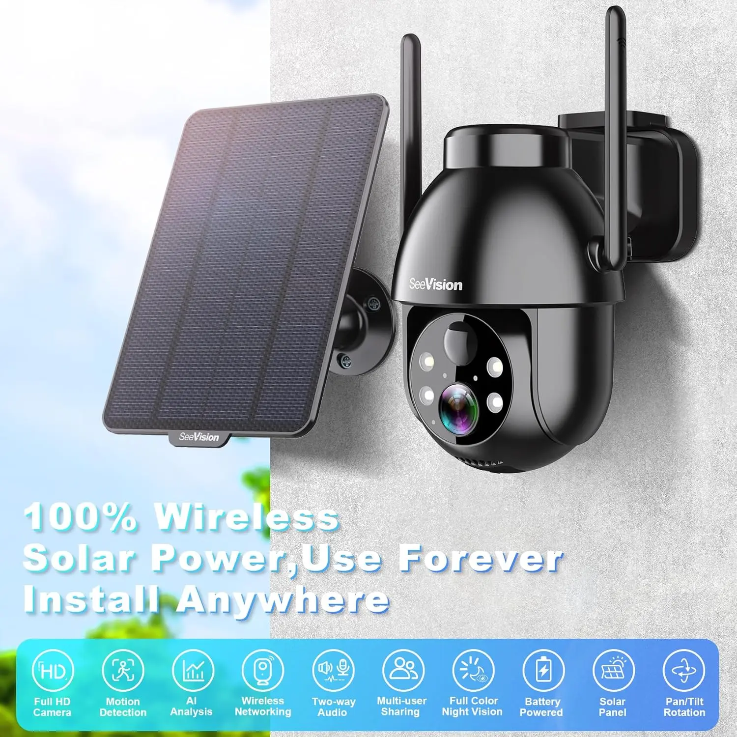 SeeVision Solar Security  WiFi 3MP Cameras Wireless Outdoor, 2K Battery Powered PTZ Indoor Security Camera for Home with Spotlight, PIR Motion Detection,Siren, Color Night Vision, 2-Way Talk C8 Black