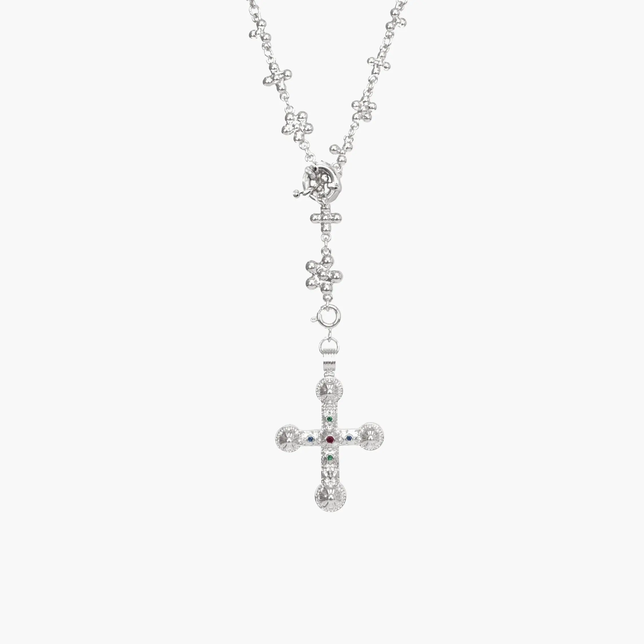 en route Daisy Molecule Chain in Silver, Sleek Street Style with Cross Edge, Versatile Lariat, Choker or Long Chain, Bold Statement Jewelry