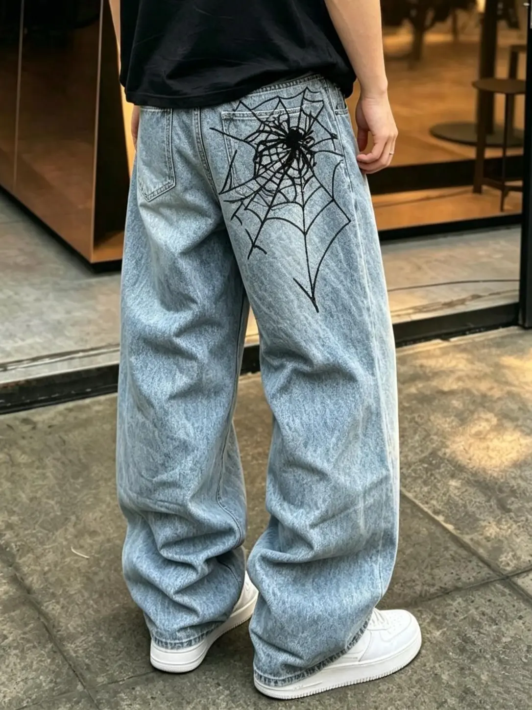 Vintage Acid Washed Cotton Blend Oversized Wide Leg Jeans for Men, Black Spider Web Embroidery Light Blue Baggy Denim Pants, High Rise Loose Skater Goth Casual Street Denim Bottoms