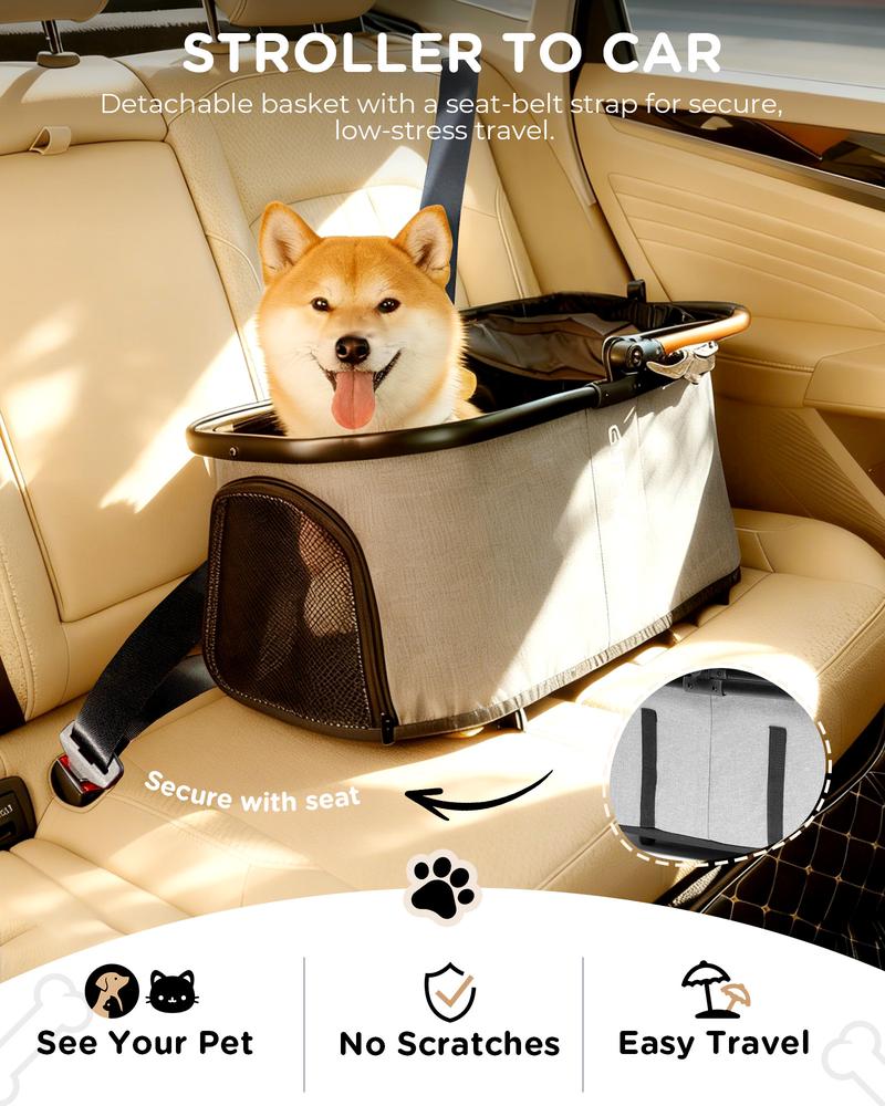 COMHOMA Foldable Pet Stroller with Weather Cover, 4 Wheels Pet Strolling Cart for Small/Medium Dogs and Cats with Storage Basket and Cup Holder, Breathable and Visible Mesh for All-Season