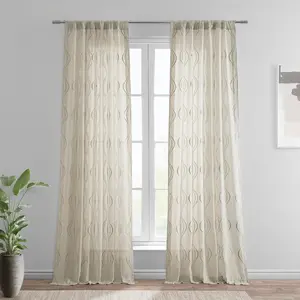 Half Price Drapes Suez Striped Embroidered Patterned Faux Linen Sheer Curtain