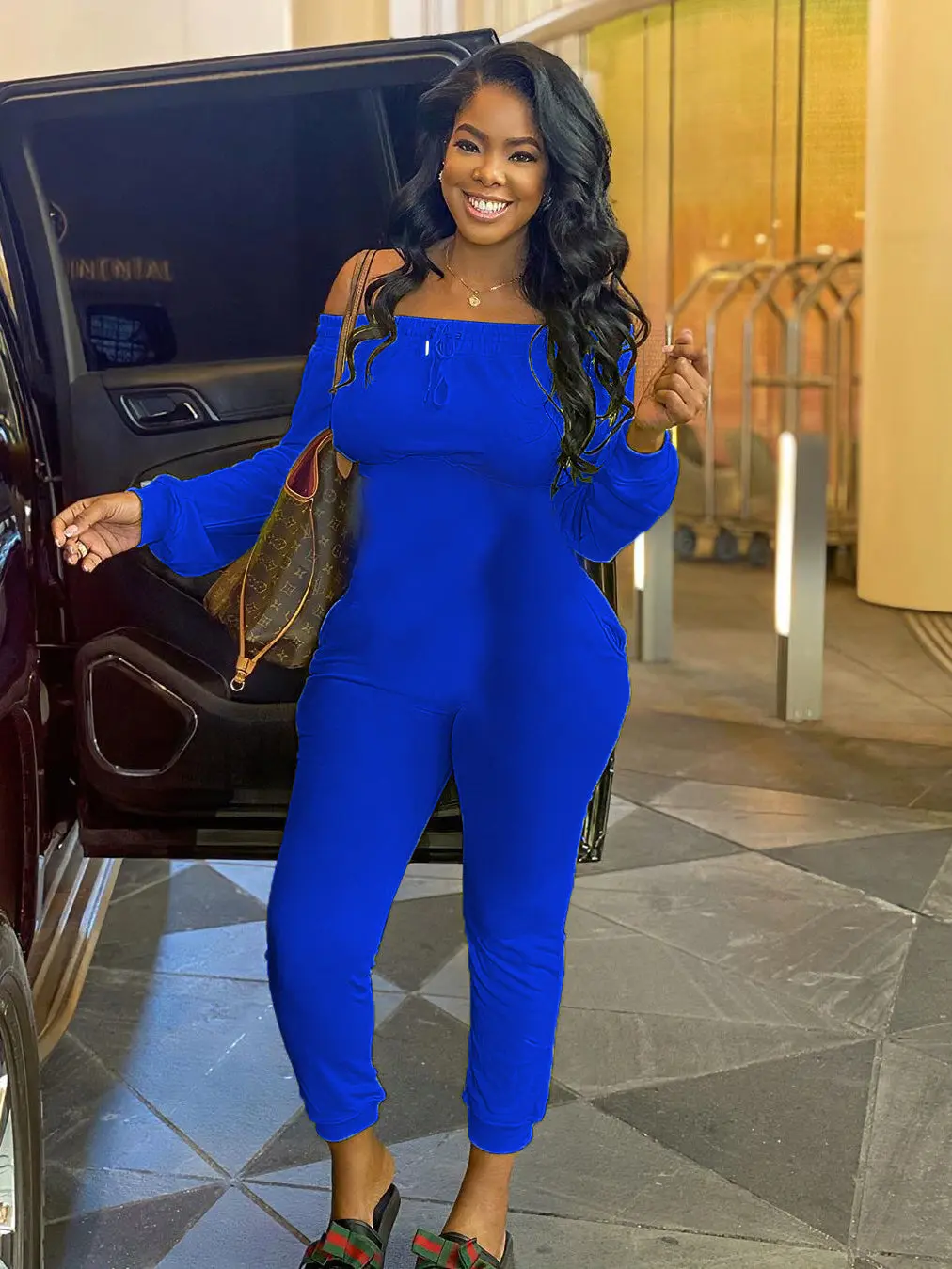 Women's Off The Shoulder Long Sleeve Blue Jumper