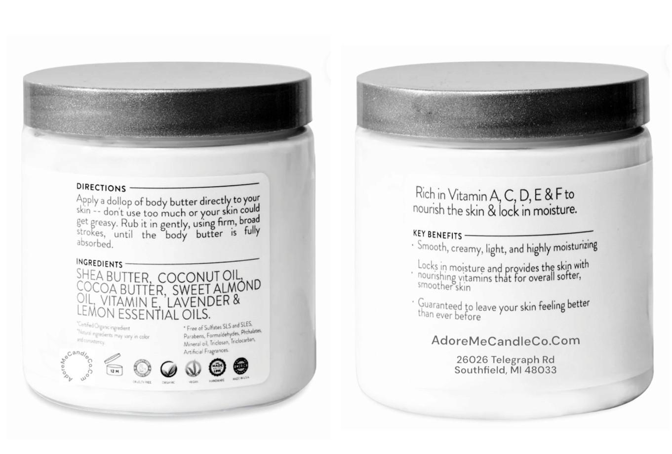 Adore Me Candle Co. 10ml Organic Shea & Coco Butter Body Butter Travel Size Coconut Scented Moisturizer Gift for Her Him Wedding Self Care Avocado Fragrance