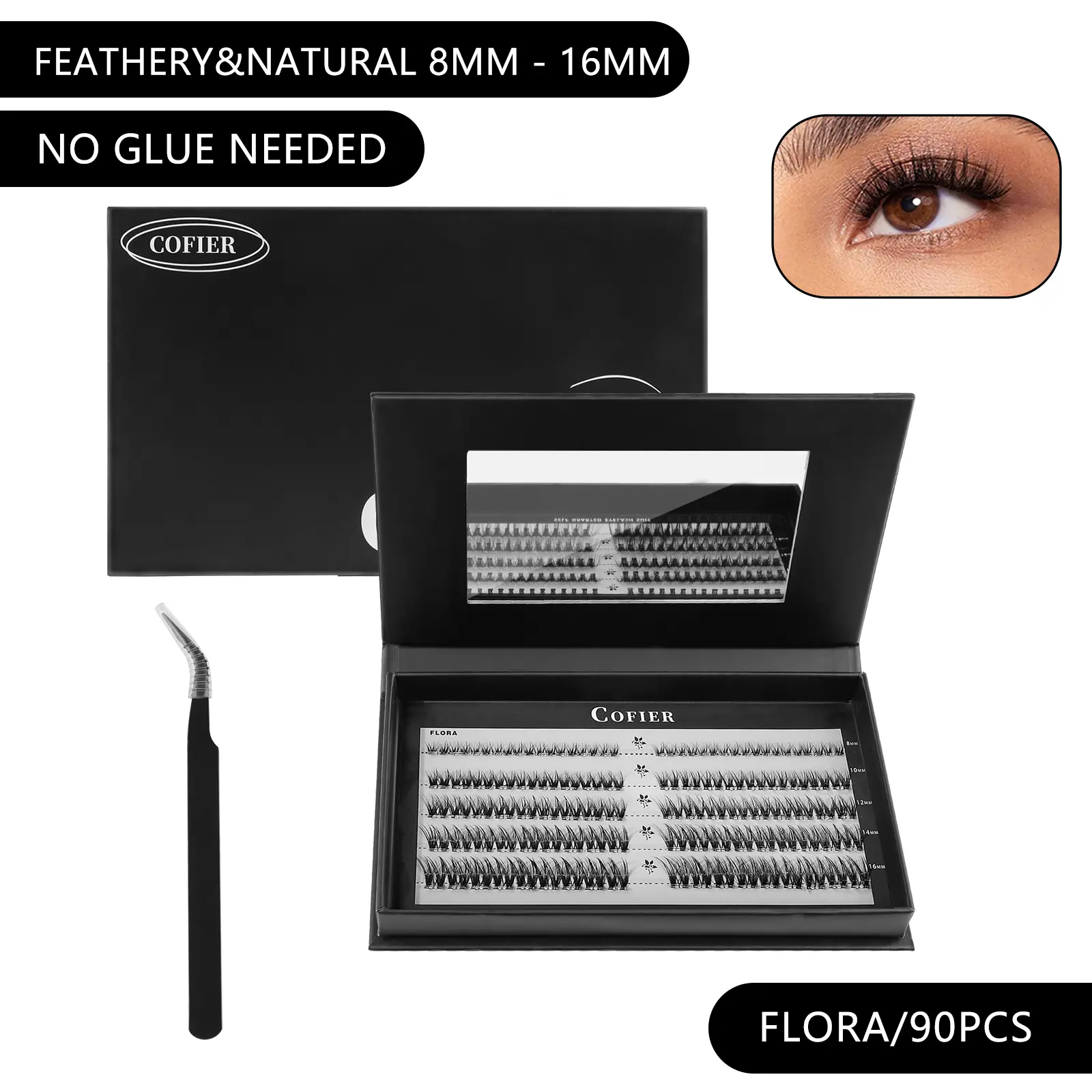 DIY Cosmetic Nature Cluster Individual Lashes Kit - No-Glue Self-Adhesive Press-On, Airy Gentle Realistic Alt Makeup Look, Beginner-Friendly with Tweezers, 90 PCS,back to school
