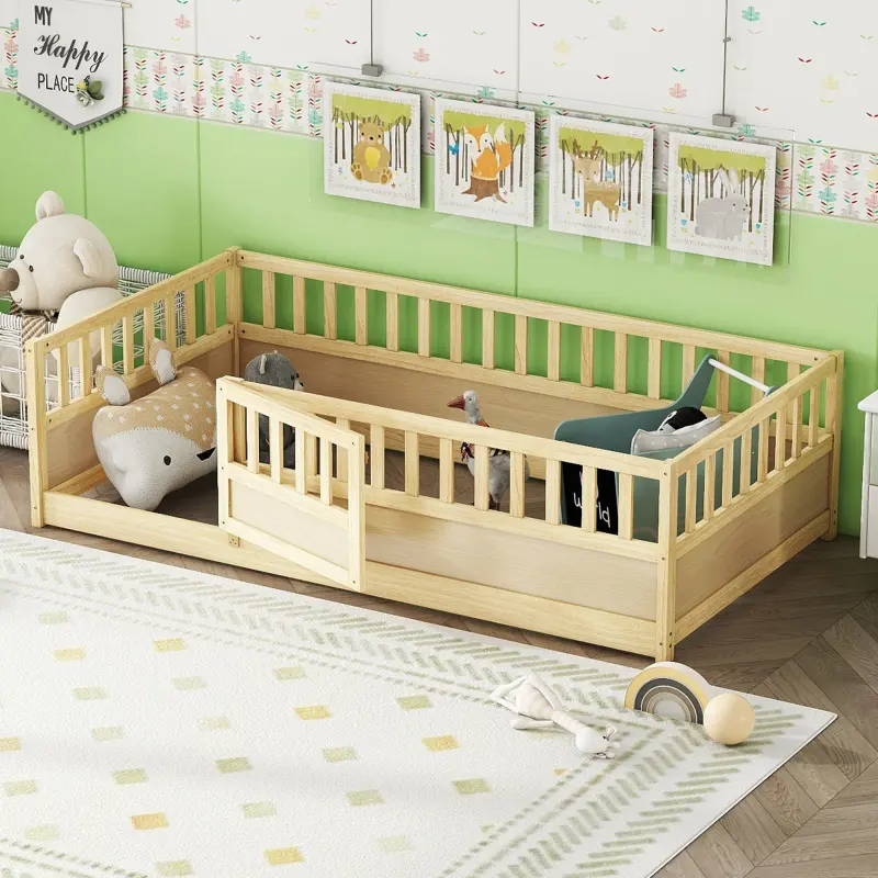 Twin Size Floor bed, integral construction with super high security barrier, door, Montessori wooden floor bed