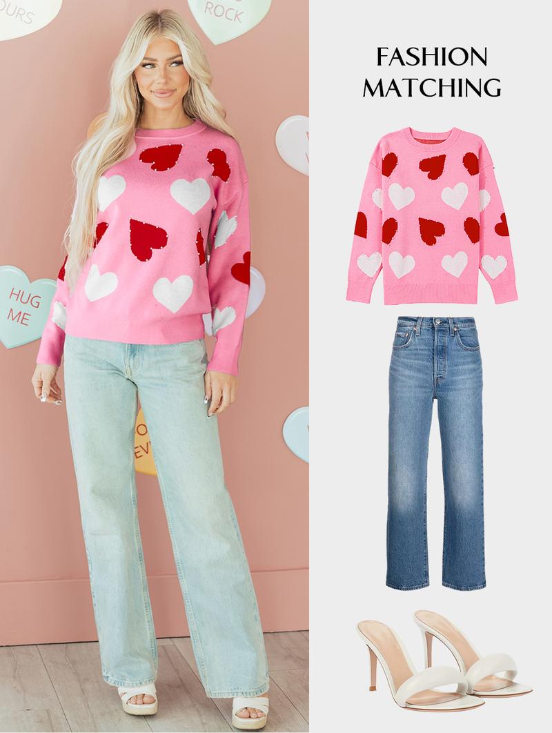 Asvivid Women's Faux Pearl Embellished Heart Pattern Valentines Day Sweater Tops Long Sleeve Pink Knitwear for Casual Wear Womenswear