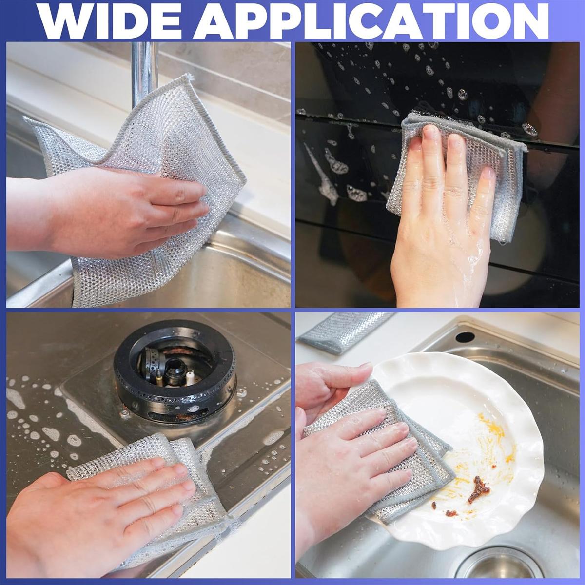 12 Counts Dishwashing Rags,Multipurpose Non-Scratch Wire Dishcloths for Wet and Dry Use, Reusable Wire Cleaning Cloths for Kitchen,Sinks,and Pans Silver Removable, Washable & More