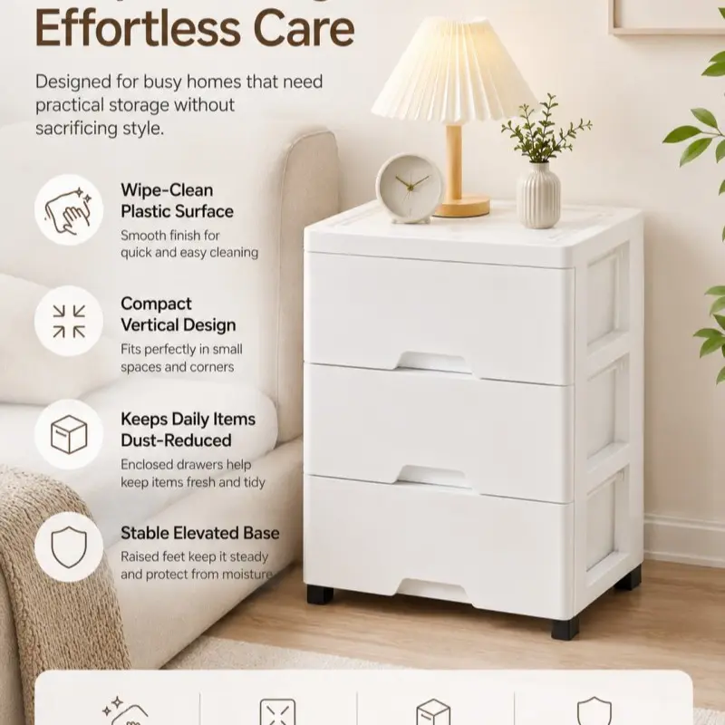 3-Drawer Plastic Storage Cabinet, Nightstand Cabinet, Organizer Cabinet, Multiple storage drawers, features dustproof design, smooth surface, and white style, Suitable for bedroom, bathroom essentials, Clear front for easy viewing