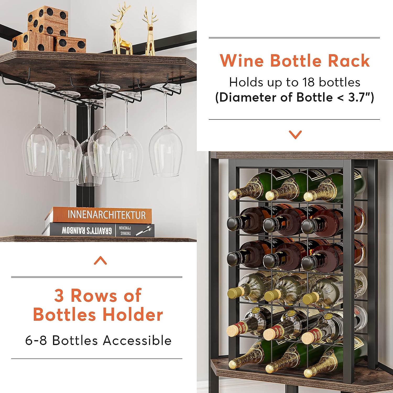 Tribesigns Industrial 4 Tier Corner Wine Rack with Glass Holder,Corner Bar Utensils Metal