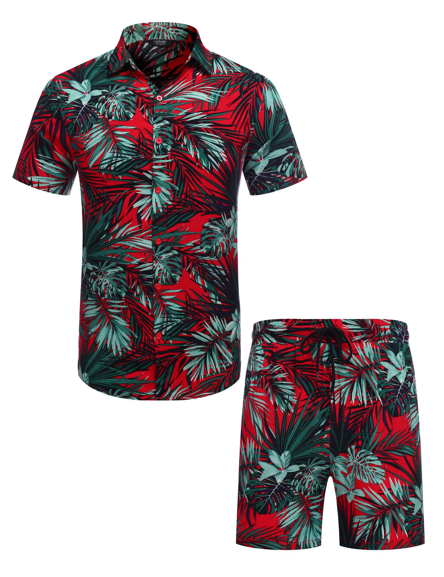 COOFANDY Men's Set Hawaiian Matching Set Summer Beach 2 Piece Outfits Flower Shirts and Shorts Tropical Fabric Tropical Fabric Floral Menswear  Shortsleeve Loose