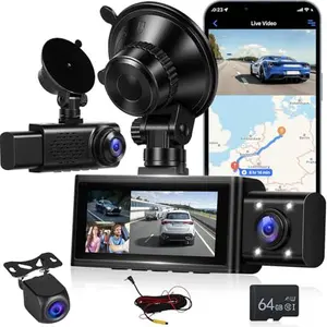 podofo 2.5K Resolution 3-Channel WiFi Car Dash Cam with Wi-Fi Connectivity, 3.16 Inch Screen, 64GB Card, APP Control, Front-Inside-Rear Coverage, G-Sensor, Loop Recording, Night Vision, GPS, Split Screen