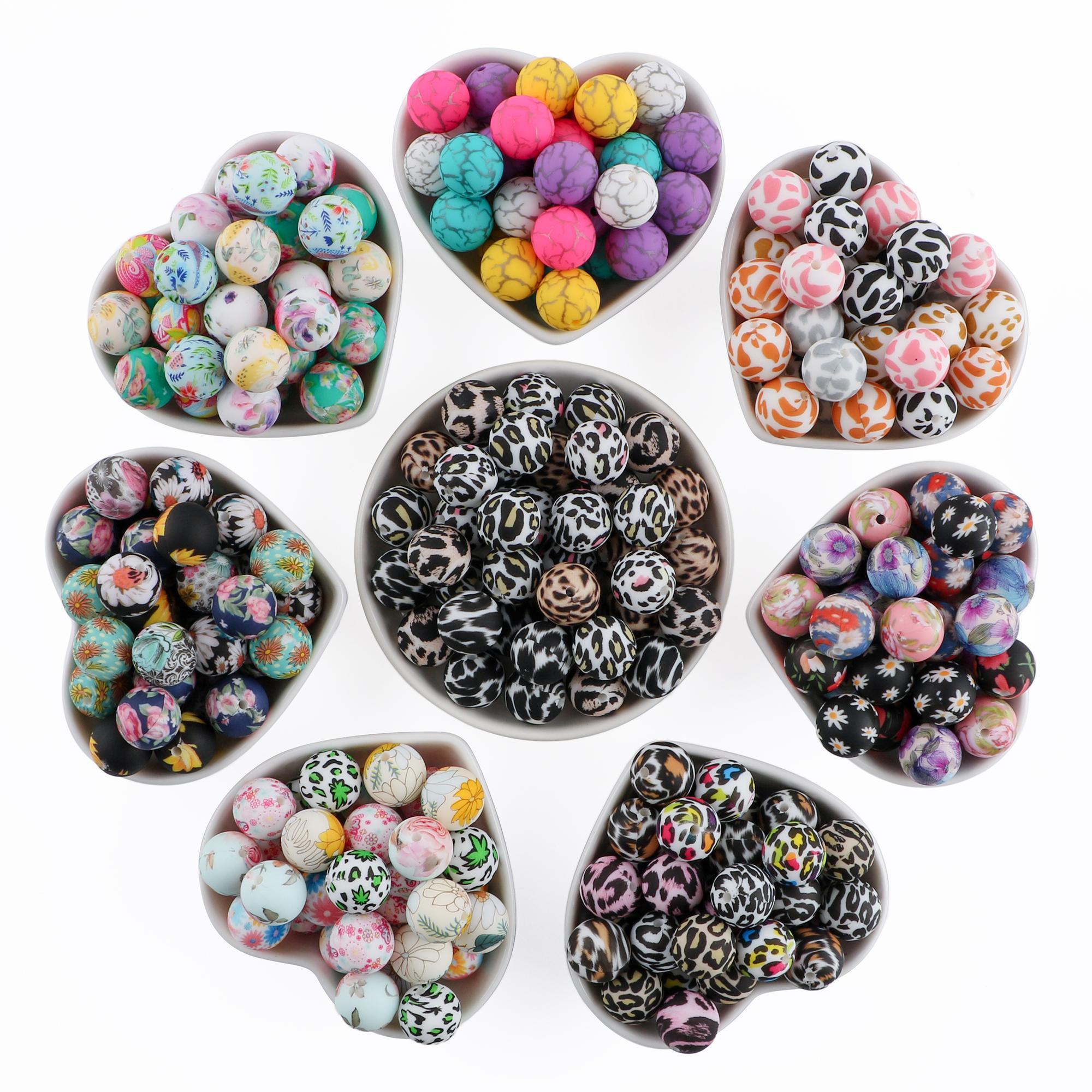 45PCS Round Silicone Beads 15mm,Pink Yellow Black Sunflower Leopard Butterfly Cow Print Silicone Beads for Keychain Making,DIY Crafts