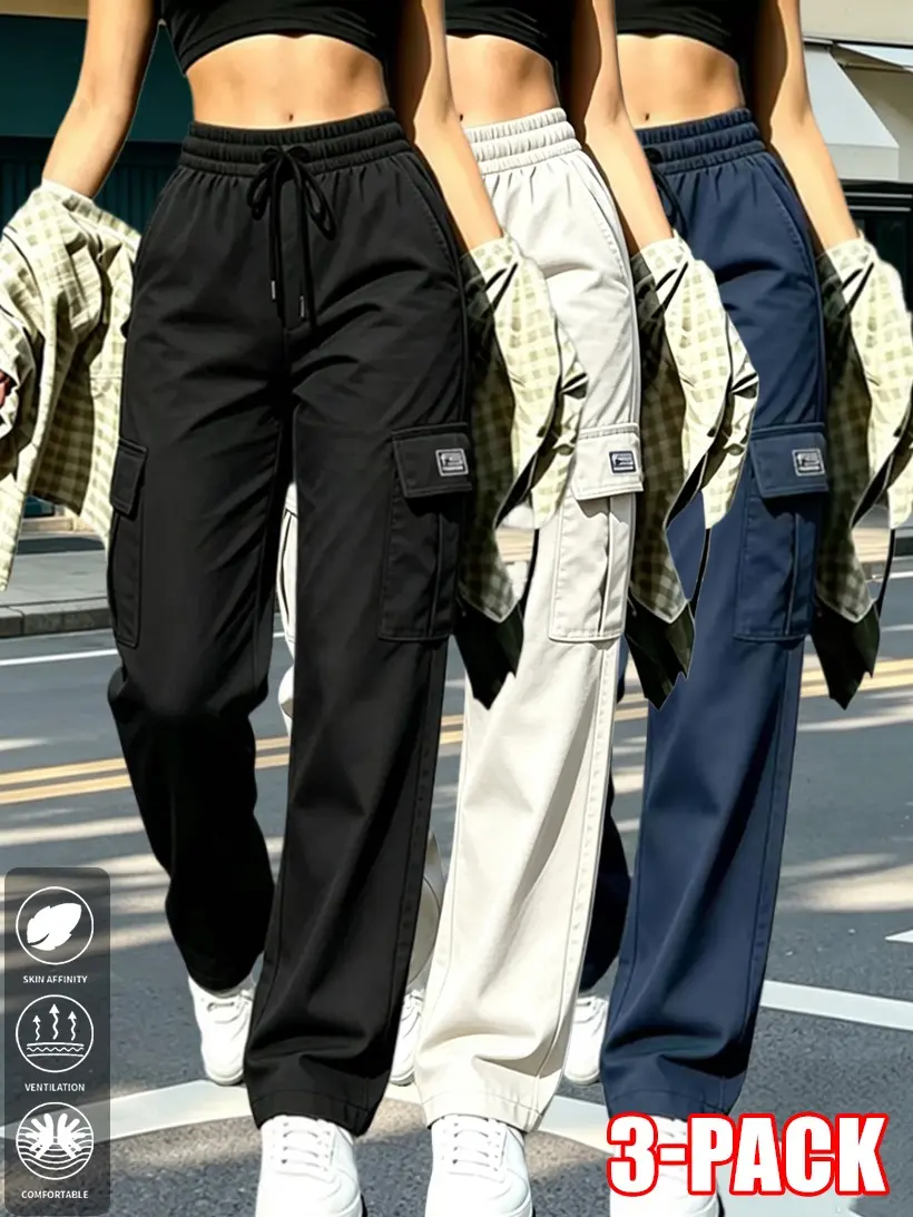 Clean Gent Women’s Solid-Color Cargo Pants, 3-Pack – featuring an elastic waistband with stretch design and practical pockets that provide larger capacity for convenient storage.This multifunctional women’s apparel is suitable for all seasons—perfect for