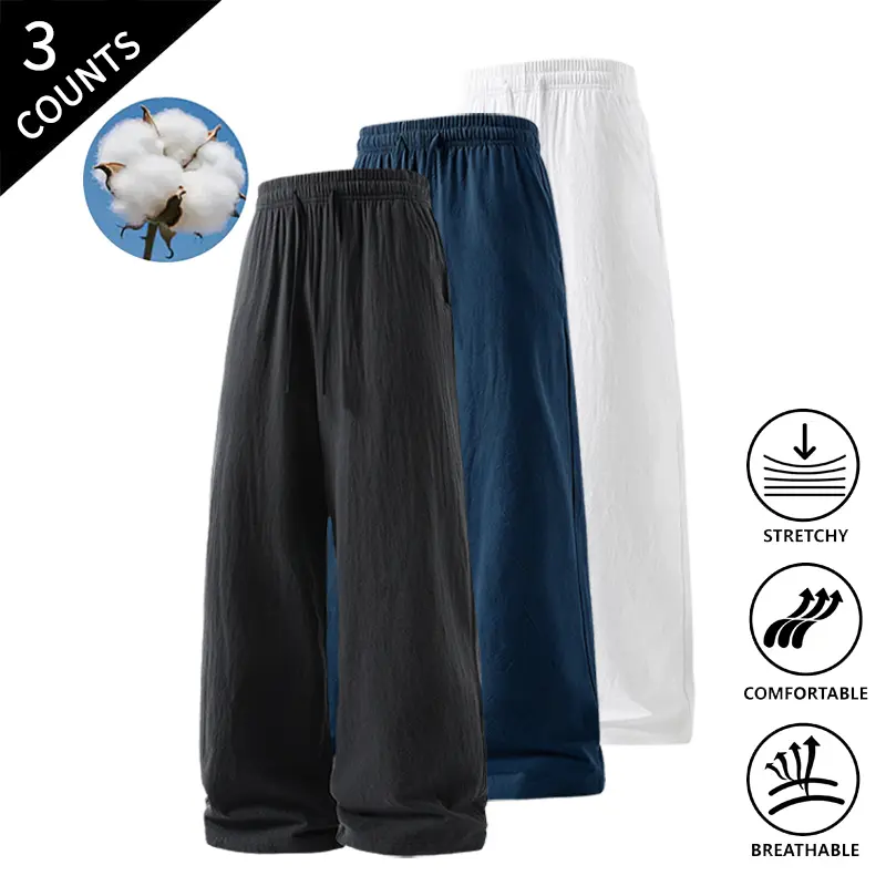 3-Pack Men’s Summer Vibes Comfortable Wide-Leg Pants, Elastic Waist Drawstring Trousers for Men