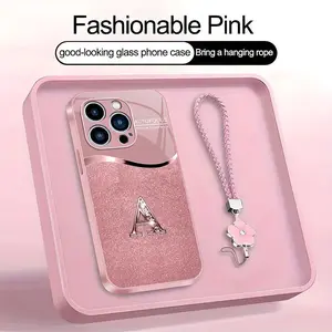 Luxury Pink Phone Case with Lanyard Initial Letter A-Z Cover for iPhone 15 Pro --975