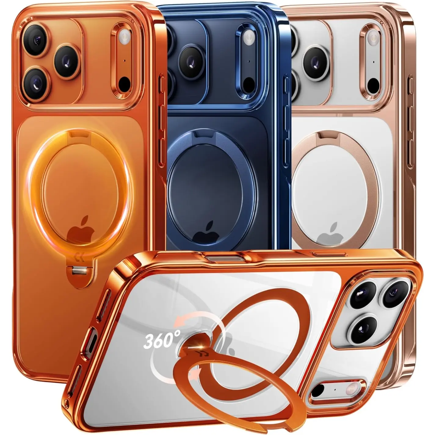 CASEKOO Glossy 360 Spin Magnetic Stand for iPhone 17/16/15 Pro Max Case [Fit for MagSafe][17FT Military Protection] Slim Hand-Polished Frame Titanium Alloy Sturdy Stand 6.9", Glossy Cosmic Orange Smartphone case, Shockproof cover.