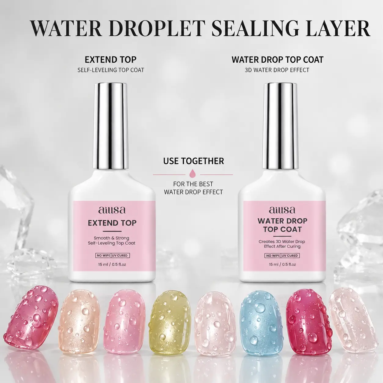 AILLSA 3D Water Drop Gel Top Coat Set (2×15ml) – No Wipe Raindrop Gel for High Gloss 3D Nail Art Manicure, Water Droplet Effect Nail Polish, DIY Drip Nails, UV/LED Gel Polish,TikTokShopBackToSchool sohochic