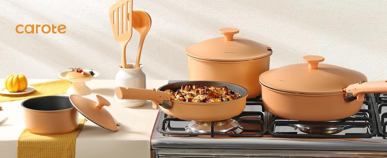 [Official] CAROTE 24pcs Nonstick Cookware Set with Removable Handles, Dishwasher Oven Fridge Safe, Stackable, Orange/Dark Gray Cookware