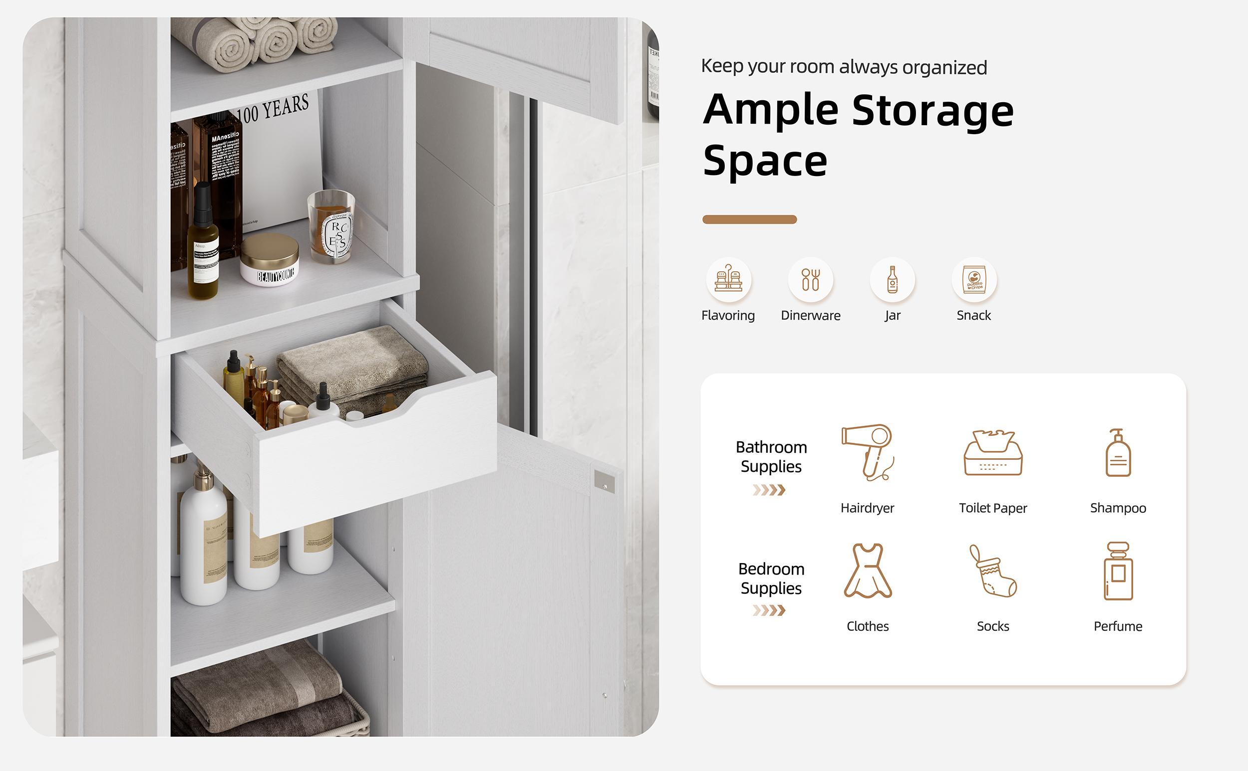 Walsunny Tall Bathroom Cabinet, Corner Sideway Kitchen Storage with Adjustable Shelves,  Towels Shampoos & Washing Supplies Space Saving Furniture, Floor Mount Narrow Tall Cabinet for Home, Versatile Farmhouse Pantry, White