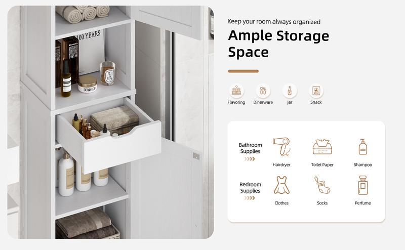 Walsunny Tall Bathroom Cabinet, Corner Sideway Kitchen Storage with Adjustable Shelves,  Towels Shampoos & Washing Supplies Space Saving Furniture, Floor Mount Narrow Tall Cabinet for Home, Versatile Farmhouse Pantry, White