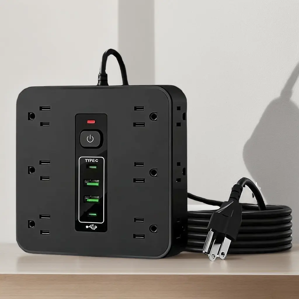 Square 16-in-1 High-Efficiency Extendable Outlet Extender Surge Protector (120V) - 12 Universal Sockets, 2 USB Ports, 2 Type-C Ports, Switch-Control Splitter Expander, USB Wall Outlet Power Hub for Home, Office