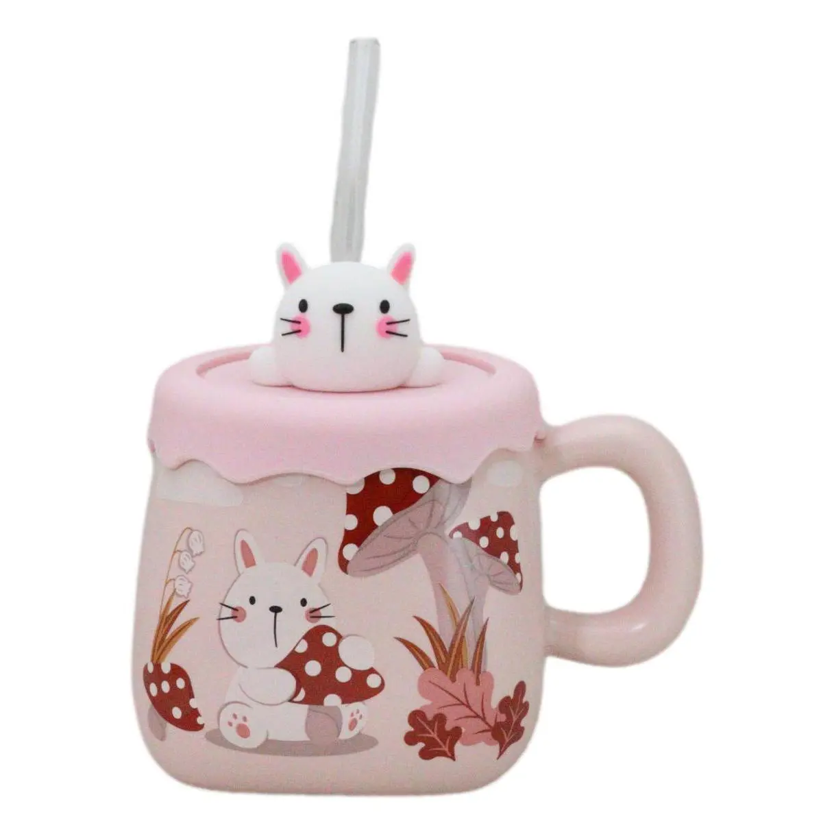 Pink Porcelain Bunny Rabbit & Toadstool Mushroom Mug with Silicone Cover, Reusable Straw - Kitchenware Drink Cup, Whimsical
