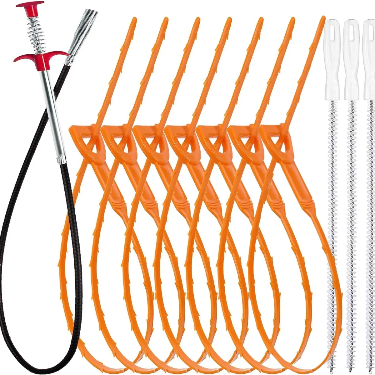 Drain cleaning kit includes a 35.5-inch drain cleaner (1 piece), a 25-inch drain auger and hair remover (7 pieces), and cleaning brushes (3 pieces). It's suitable for toilets, kitchen sinks, bathroom bathtubs, and sewers.