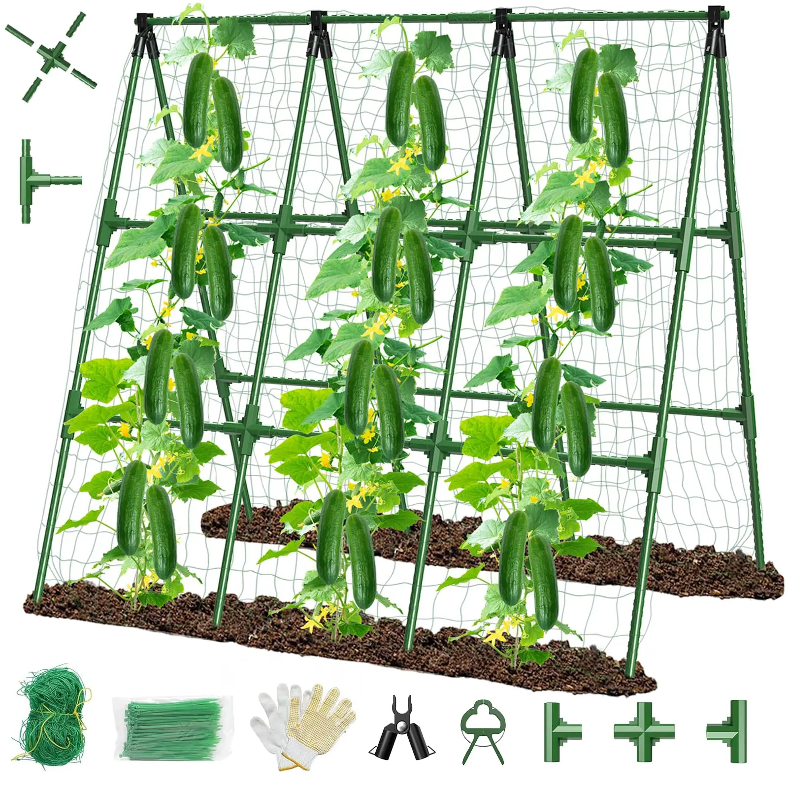 2/4 Pack Metal+PE Cucumber Trellis, Sturdy Adjustable Width Anti-Slip Vertical Raised Bed Plant Cages & Supports with Netting for Raised Garden Beds, Outdoor Accessory for Climbing Tomatoes, Peas