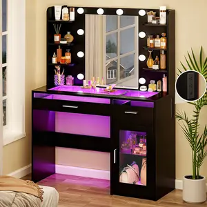 Vanity Desk with Mirror and Lights, Makeup Vanity Desk with Lights, Transparent Top Vanity with 2 RGB Drawers, 6 Shelves, Large Tempered Cabinet, Power Outlet, for Bedroom, Black