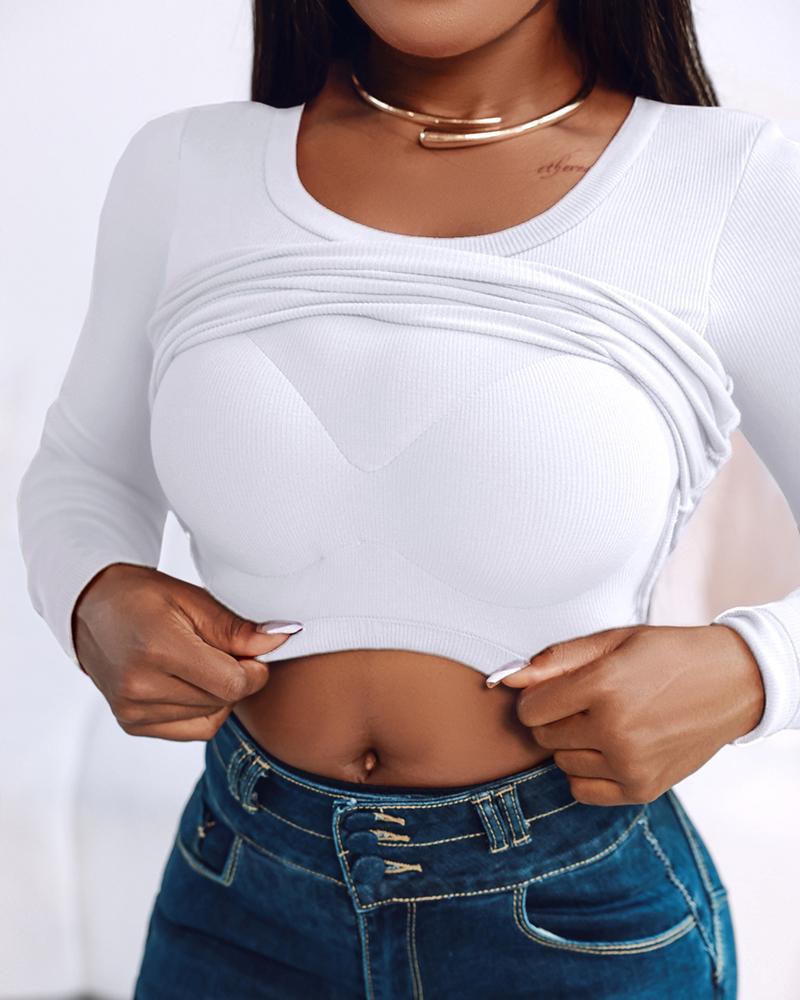 ChicMe U-Neck Built-in Bra Long Sleeve Ribbed Top Shirts Elegant Skinny Fit Fabric/Women's Seamless Camisole with Bra/Ribbed Built-in Bra Crop Tank Top