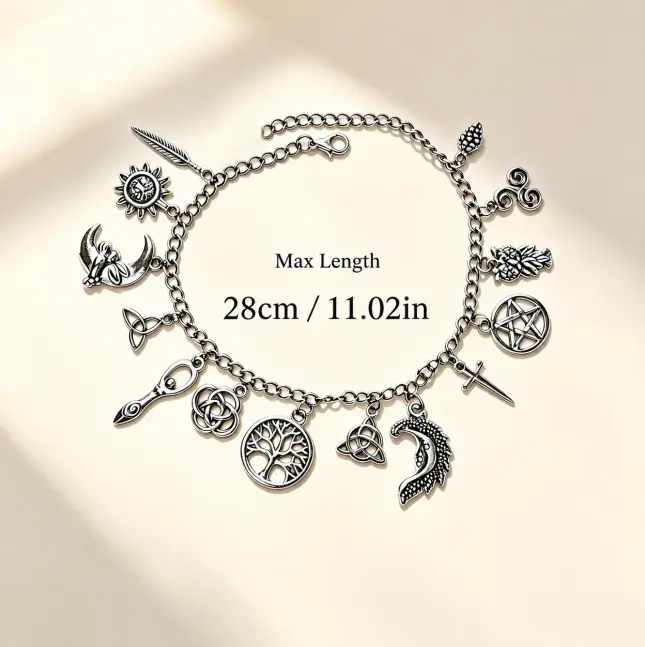Vintage Witchy Symbolic Charm Bracelet - Silver-Tone Pagan Celestial Gothic Boho Jewelry, Adjustable Multi-Charm Set with Moon, Sun, Tree of Life, Owl, Pentagram, Feather, Witchy Stuff for Everyday Wear Bracelets & Bangles