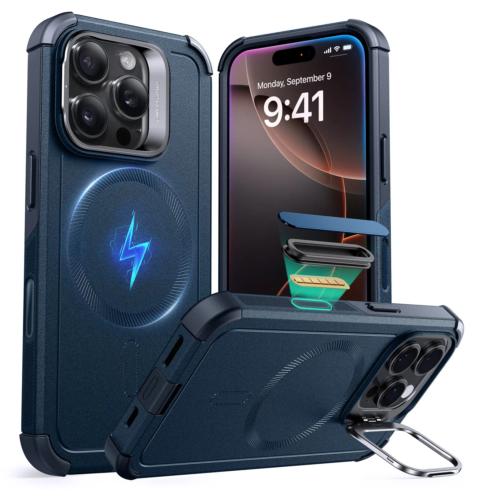 ESR Magnetic Cyber Series Protective Cellphone Case - iPhone 17/16/15 Shell, Wireless MagSafe Accessory with Stash Stand, Camera Control, 23FT Military-Grade Shock Absorption, Landscape View Cover